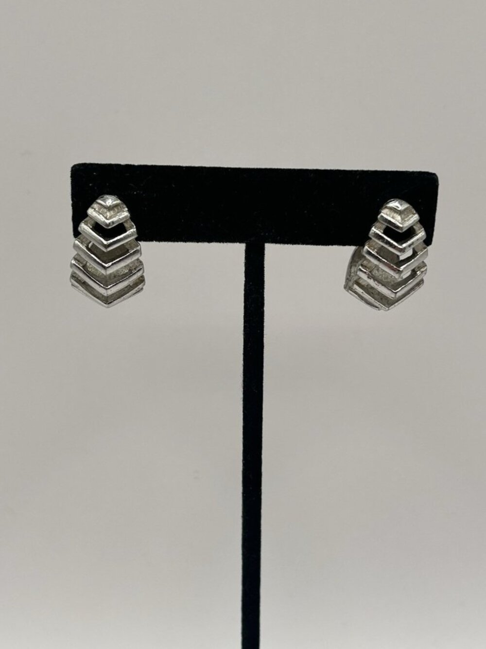 Vintage Crown Trifari Clip Earrings Silver Tone Chevron Retro Jewelry Gift